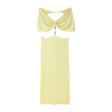 Fongt New Solid Color Sexy Hot Girl Deep V Collar Bare Back Repair Body Shoulder Long Dress