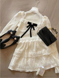 Fashion Square Collar Bow Long Sleeve Tops Women+ Y2k E-Girl High Waist Lace Ruched Skirts Spring New Two Piece Sets-Outfit