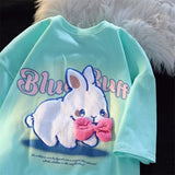 Pink Bow Rabbit Embroidery T Shirts Harajuku Teenage Preppy Kawaii Tee Summer Cotton O-neck Loose Casual Tops Korean