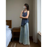 Fongt Blue Floral Sling Skirt Top Woman 2025 Summer Design Sense Niche Wearing Broad-Legged Pants Two Sets