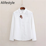 New Artistic Animal Embroidery White Shirt Women Solid Oxford Long Sleeve Shirt Small Fresh High Quality Brand