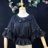 Lolita Chiffon Blouses Women Cute Bow Ruffles Three Quarter Flare Sleeve Undershirt Girl Kawai Off Shoulder Shirt Crop Top-Outfit