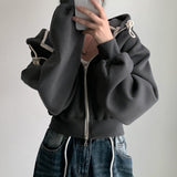Vintage Solid Color Cropped Zip Up Hoodie-Outfit