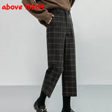 Woolen Plaid Autumn Winter Women's High Waist Formal Straight Pants Loose Ankle-Length Pants Female Boots Pants Plus
