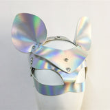 Holographic Mask PU Faux Leather Adjustable Belt Rivet Hollow Out Patchwork Masks With Two Ears Rave Festival Chic