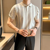 Fongt Summer High-End Short-Sleeved Men's Fashion Brand Striped Collar Ice Silk Knitted Half-Sleeved T-Shirt For Men