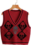 Gothic Knit Sweater Vest Skull Argyle Print Pattern Knitwear V-neck Pullover Fashion Jumper Top Women Halloween