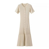 Fongt Women's Clothing Exploding Fashion Simple Solid Color Button Short Sleeves Knitted Dress