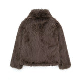 Fongt / Winter 2023 New Women's Lapel Long Sleeve Artificial Fur Press Button Cardigan Loose Short Coat 436024-Outfit