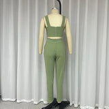 Fongt 2023 New Solid Color Short Crop Sling Top, High-Waist Trousers And Two-Piece Sets-Outfit