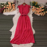 Fongt Sense Of Light Luxury Temperament Flying Sleeve Round Recipient Waist Thin A Word 100-Fold Dress Elegant Swing Long Skirt