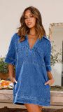 Fongt New Soft Denim Lapel Short Sleeve Loose Denim Dress-3223-Outfit