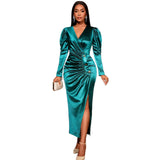 Fongt V-Neck Bubble Sleeve Dress Button Folds Waist Open Fork Party Dress Dress