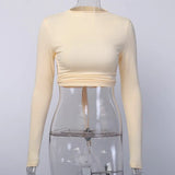 Backless Tshirt Crop Tops Women Slim Elastic Fashion Lace up Hollow Out Women Cropped Top Summer Long Sleeve