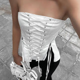 Girls Wind Zipper Strap Waist White Wiped Chest Blouse 2023 Summer New Ins Slim Body And Bare Back Vest-Outfit