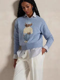Fongt New Women's Bear Embroidered Retro Body Sweater College Style Knitted Shirt Top