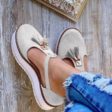 New Women Summer Sandals Fashion Buckle Strap Solid Fringe Cover Heel Flat Platform Heel Casual Ladies Plus Size