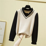 Women Knitted Sweater Female Ruffle Collar Long Sleeve Preppy Style Fake Two Piece Pullovers Slim Fitting Splicing Jumper