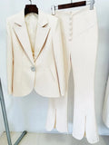 QUALITY Newest 2023 Designer Runway Suit Set Women's Crystal Stone Button Solid Color Blazer Slit Pants