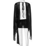 Black Mesh Low Cut Long Sleeve Mini Dress Beach Cover-Outfit
