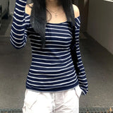 Striped Shoulder Long-Sleeved Blouse With A Lazy Wind And A Light Smock To Cover The Meat Shows A Thin T-Shirt.-Outfit