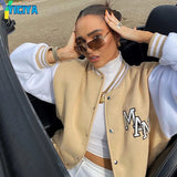 Bomber Woman Varsity Jacket Single-breasted Stand Lettering Embroidery Khaki American Baseball Jacket Bombers Met