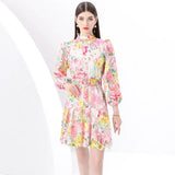 Fongt High-End Squeer Hook Lace Dress Women's Waists Thin High-Collar Lantern Sleeves A-Shaped Skirt