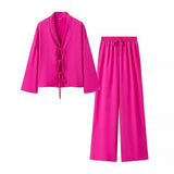 Fongt And Summer Women's Solid Color Tie Shirt Broad Leg Trousers Set Casual Two Sets