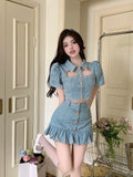 Denim Two Piece Suits Women Sexy Love Pocketshirt Crop Tops Mini Ruffles Skirts Outfits Female Elegant Cowboy 2 Piece Set-Outfit