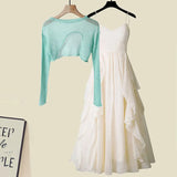 Women Summer Two Pieces Set Korean Knitted Hollow Out Irregular Sunscreen Top And Ruffles Patchwork Chiffon Dress