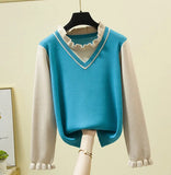 Women Knitted Sweater Female Ruffle Collar Long Sleeve Preppy Style Fake Two Piece Pullovers Slim Fitting Splicing Jumper