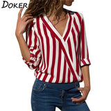 Striped Blouse V-neck Long Sleeve Blouses Shirts Casual Tops Work Wear Chiffon Shirt Plus Size Blusas Mujer De Moda