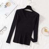 Casual Slim Pit Knitted Sweater Long Sleeve Sexy V neck Solid All-match High Street Pullover 2021 Winter New Fashion