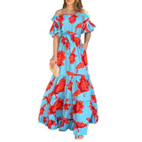 Fongt Women's Dress Spring And Summer Elegant Temperament High Waist Slim One Word Shoulder Big Put Princess Sleeve Dress-Outfit