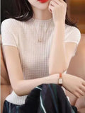 Summer New Half-High Collar Knitted Short-Sleeved Women's Thin T-Shirt With Loose Knitted Half-Sleeved Vest