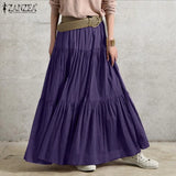 Stylish Women Spring Skirts Vintage Elastic Waist Faldas Saia Female Ruffles Maxi Sundress Casual Jupe Solid Long