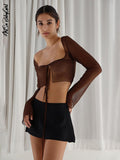 Top Women See Through Blouses Green Shirts Long Sleeve Crop Top Club Party Slim Brown Tie Up Mesh Top Streetwear