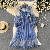 Women's Maxi Dress Elegant Flower Mesh Party Dresses Vestidos Fashion Lantern Sleeve Woman Long Robe Two Piece Sets