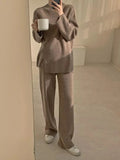 Sweaters Two-piece Hem Slit O-Neck Pullover Elegant Women's Sets Fashion Straight Wide Leg Pants Suits for Women