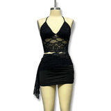 Fongt Perspective Sling Sling Vest Hollow Lace Splicing Bag Hips Short Skirt 2025 New Women's Suit