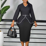 Fongt Women's Autumn Fashion Slanted Shoulders Solid Color Pressure Folded High Waist Tight Body Dress African Dress