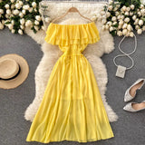 Women Casual Dress Double Layer Ruffled Off Shoulder Slash Neck Chiffon Dresses Woman Summer Midi Dress Vestidos