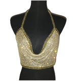 Women Backless Luxury Rhinestone Camis Crop Top Fashion Chunky Metal Chain Diamond Hollow Out Plunge Halter Tank