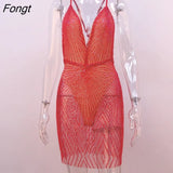 Sexy Sequins Bling Backless Solid Off Shoulder Feminine Mini Dresses See Through Spaghetti Straps Summer Night Club