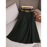 Fongt Women's Spring And Autumn Solid Color Casual Bvy Skirt With Belt