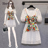 Women Summer Midi Dresses 2022 White Mesh Short Sleeve Dresses And Print Bow Straps Vest Dress Suits Sweet Korean