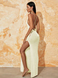 Fongt Beach Hoodie Sexy Knitted Empty Back Tie With Open-Fork Swimsuit Beach Dress Sunscreen