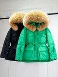 Huge Real Raccoon Fur Hooded Waterproof Winter Duck Down Jacket Women Fashion Female Parkas Sash Tie Up Puffer