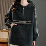 Korean Letter Spliced Pullovers Autumn Winter Women's Clothing Hooded Zipper Chic Drawstring Casual Pockets Sweatshirts-Outfit
