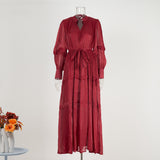 Fongt Temperament Dress 2025 New V-Neck Lantern Sleeves Folded Long Silk Dress Dress
